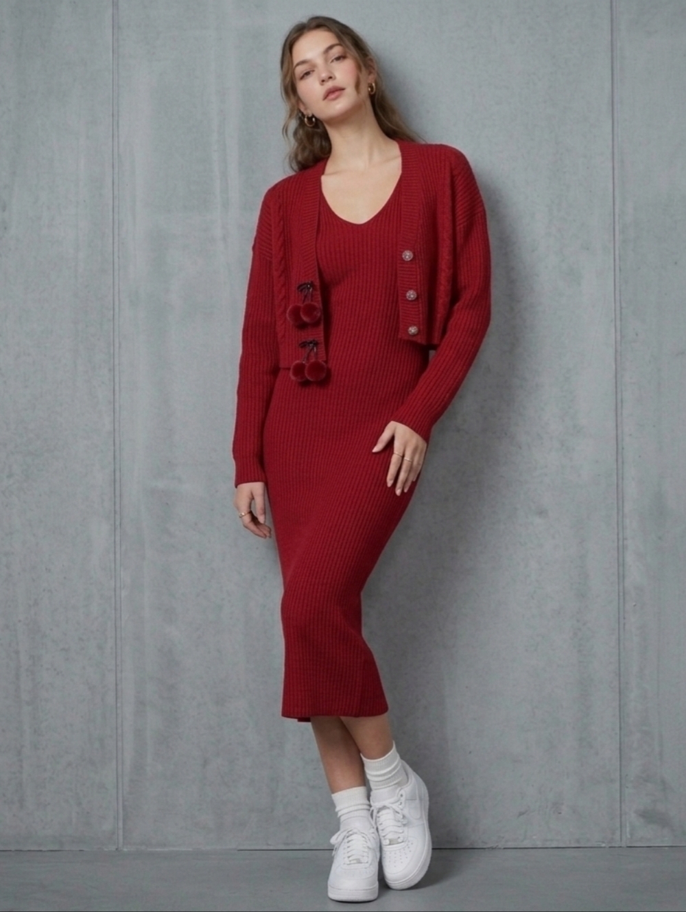 Cloud Season Ribbed Knit Bodycon Midi Dress & Crop Cardigan Set